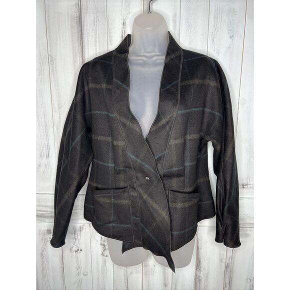 BABETTE SF BLACK PLAID BOILED WOOL BLEND SINGLE BUTTON PLEATED SLEEVE JACKET S - Picture 1 of 16